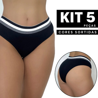 Kit 5 Calcinhas Algodão Canelado Cós Lárgo Super Confortável Lingerie Fitness Academia Rou...