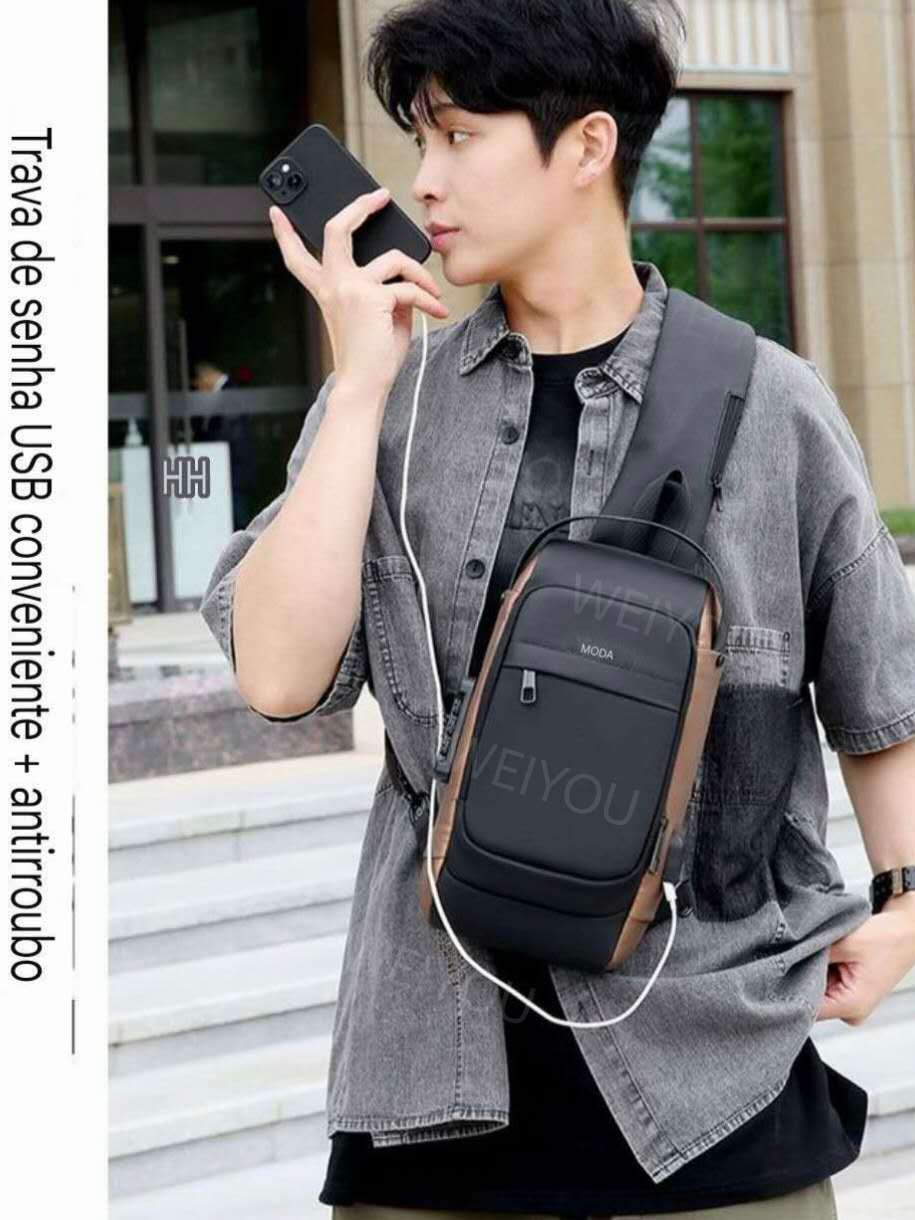 Mochila compacta de ombro transversal unilateral com trava de senha USB e à prova d'água em Oferta na Shopee