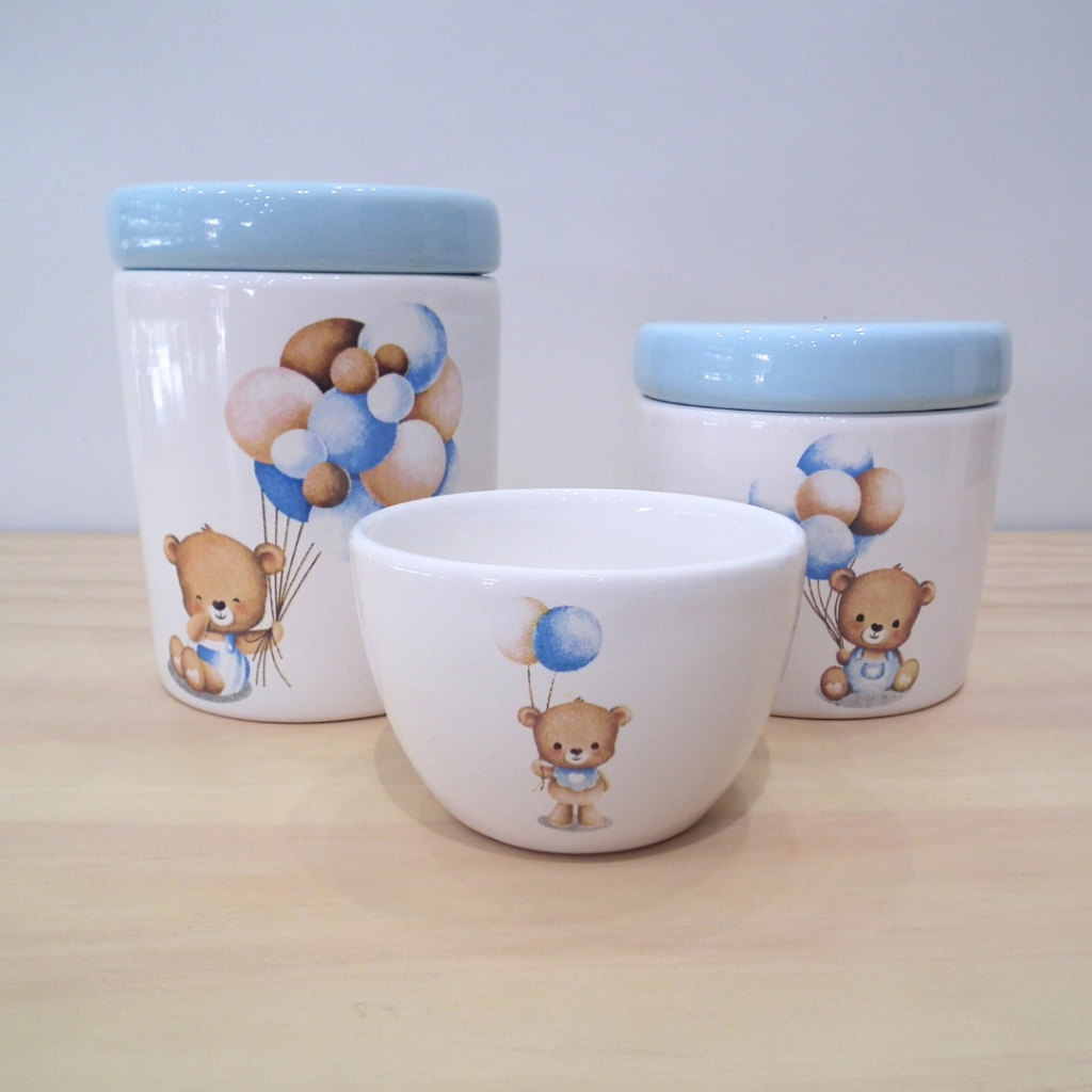 Kit Higiene Bebe de Porcelana Ursinho Azul com Balão e Tampa Azul Candy 3 Peças