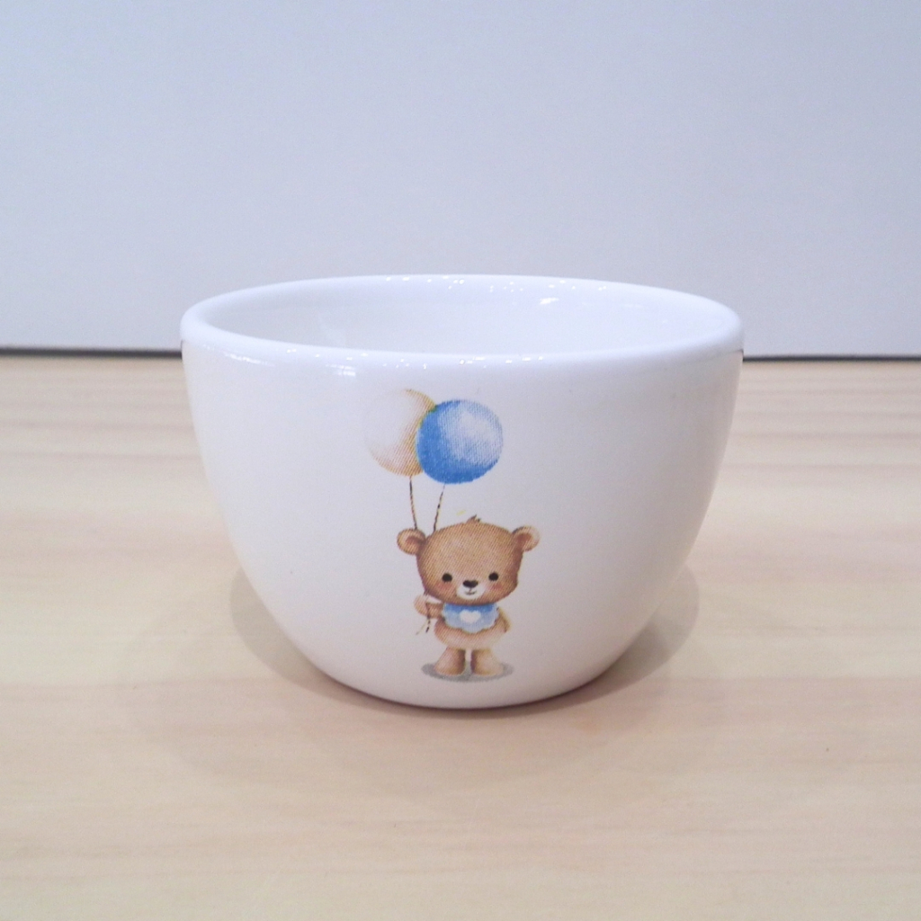 Molhadeira de Porcelana Cumbuca Bolw para kit Higiene Bebe Ursinho Azul com Balão