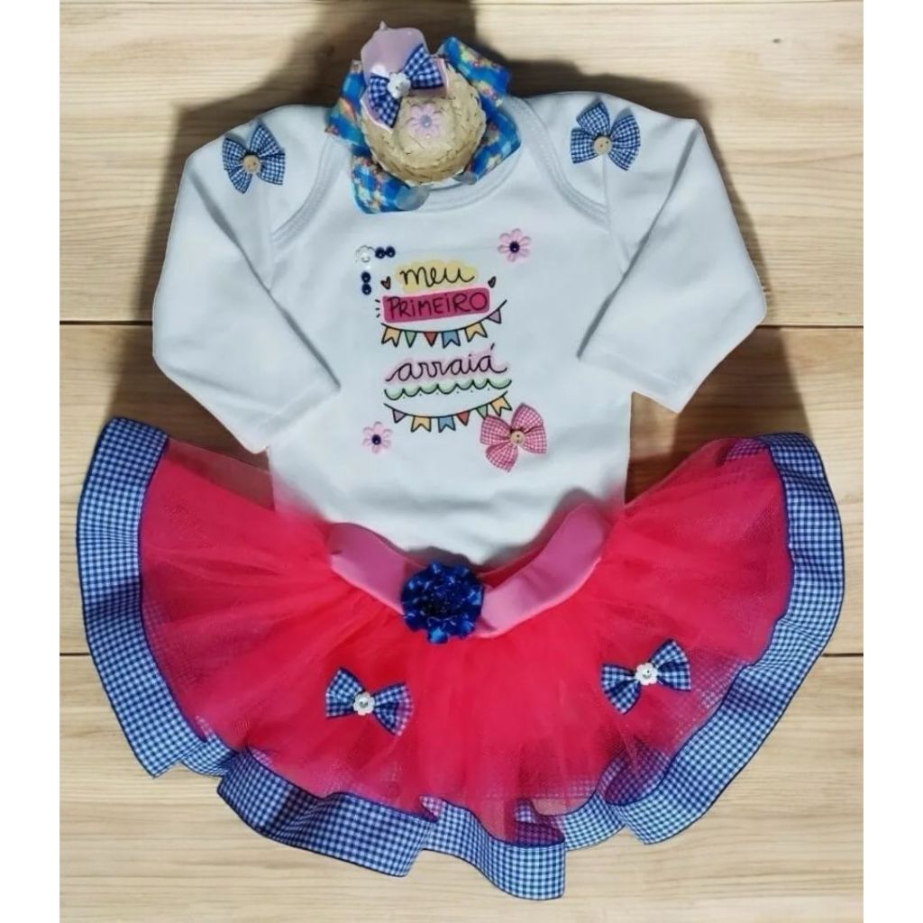 Conjunto Tutu Meu Primeiro Arraiá Bebê Menina Body Manga Longa Festa Junina, Saia Tutu e Laço Junino Temático