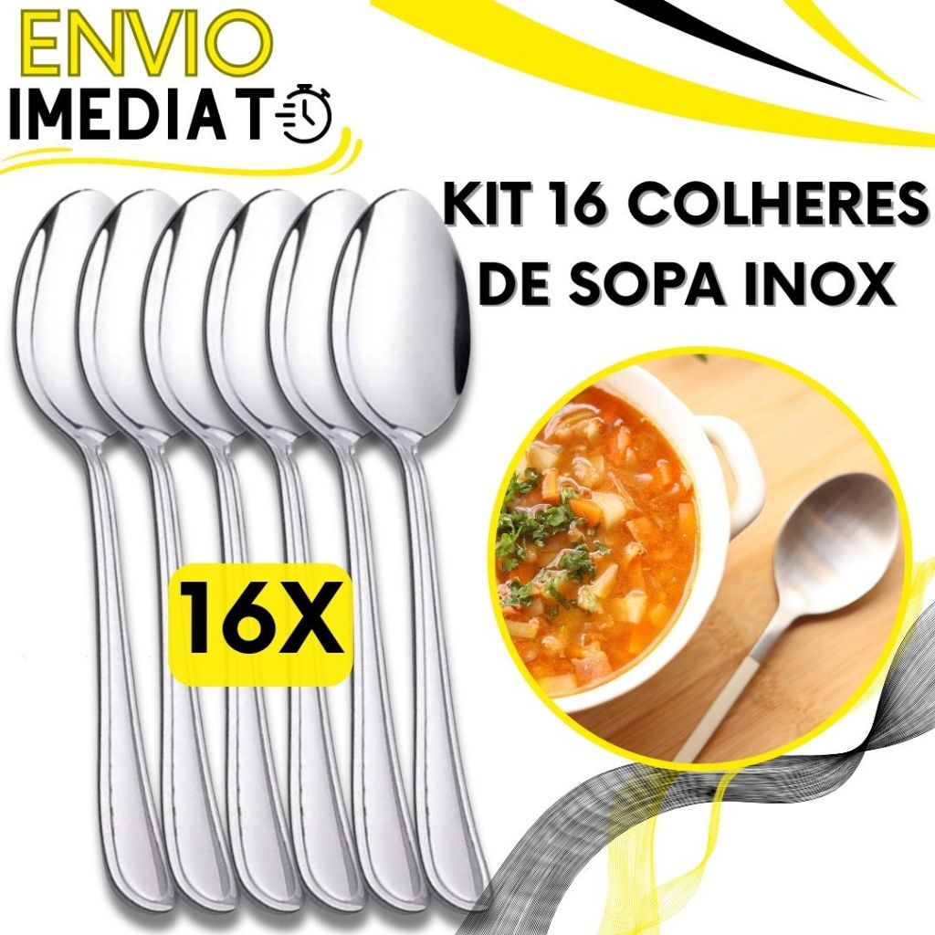 Jogo de Talher 16 Peças Colher de Mesa Sopa GRANDE Inox Polido Premium Para Casa Cozinha Restaurante Padaria Caldinho