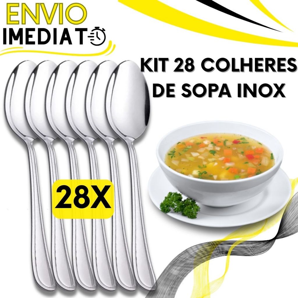 Jogo de Talher 28 Peças Colher de Mesa Sopa GRANDE Inox Polido Premium Para Casa Cozinha Restaurante Padaria Caldinho