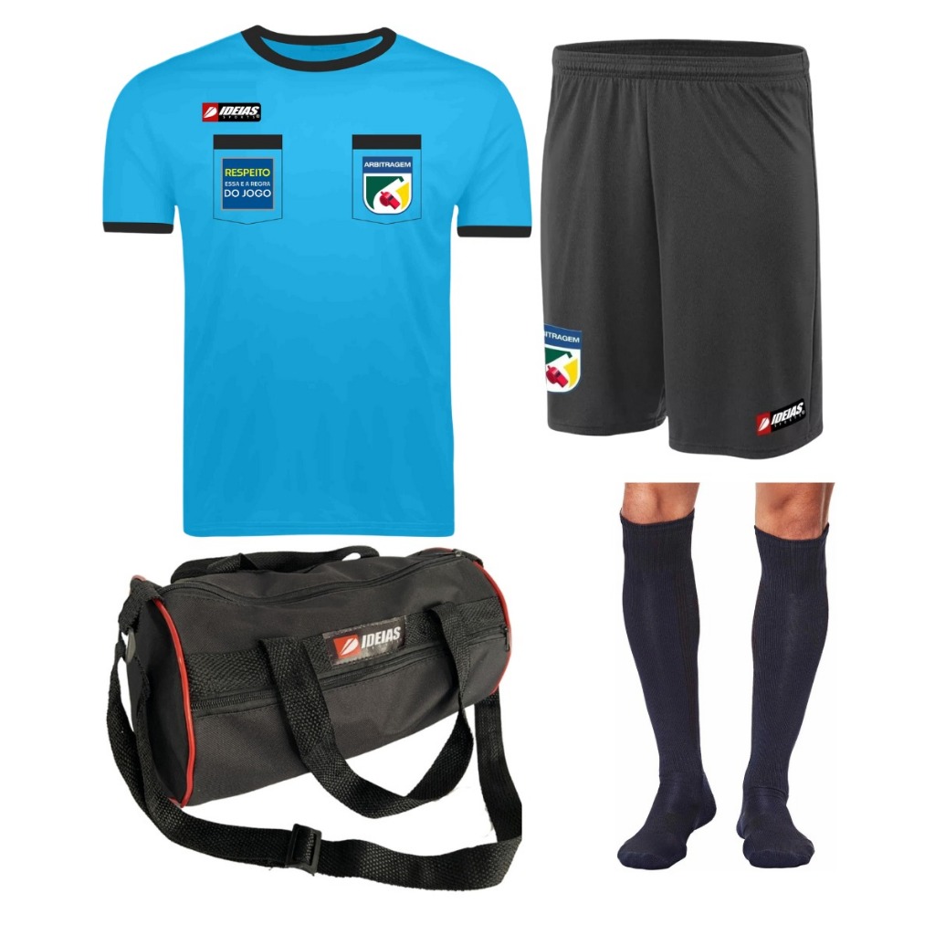 Kit 1 Camisa De Arbitro Azul Futebol Juiz + 1 Short Arbitragem + 1 Meião + 1 Porta Chuteira