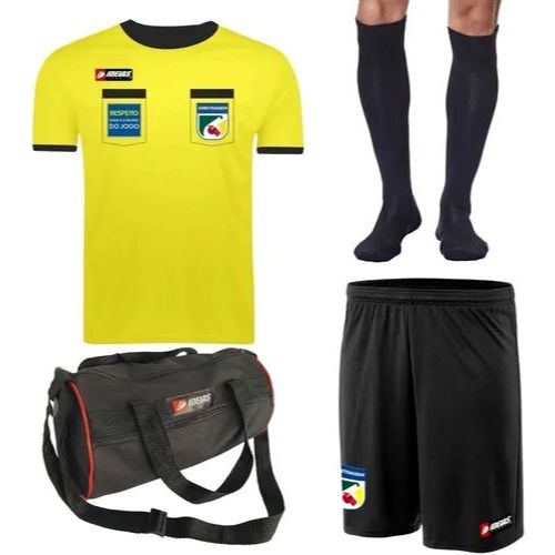 Kit 1 Camisa De Arbitro Amarela Futebol Juiz + 1 Short Arbitragem + 1 Meião + 1 Porta Chuteira