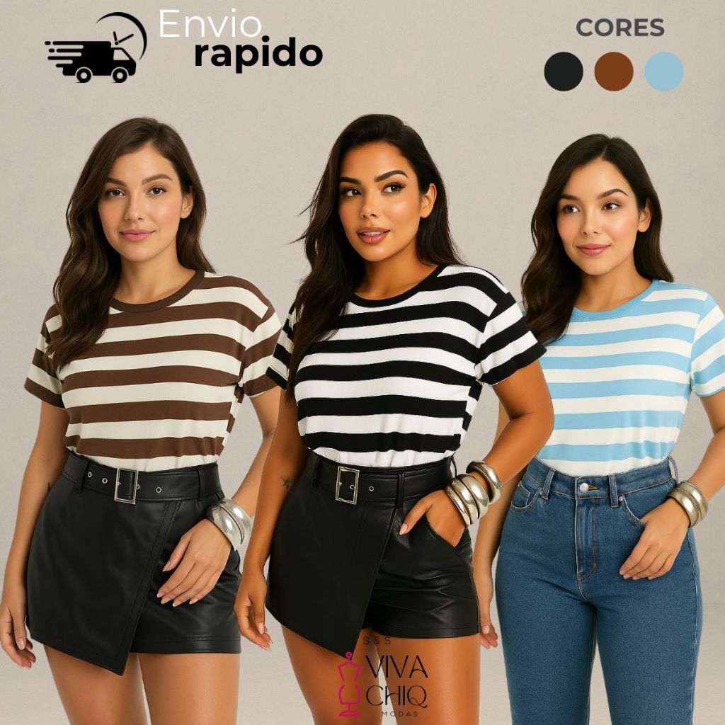 KIT 3 Blusa Feminina Listrada Manga Japonesa Viscolycra
