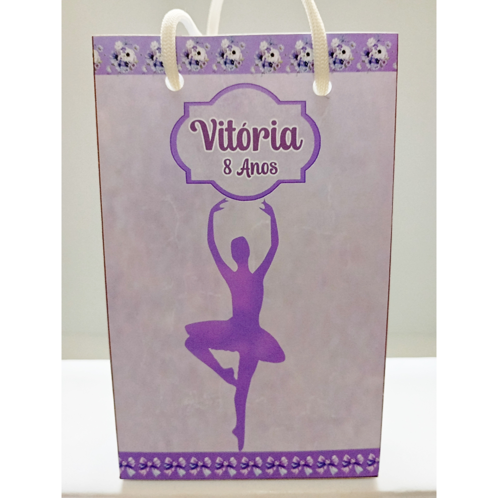 Sacolinha Personalizada Bailarina Lilás para Lembrancinha Festa Infantil Sacola Surpresa, tam PP (15,6 x 9,3 x 4,3 cm).