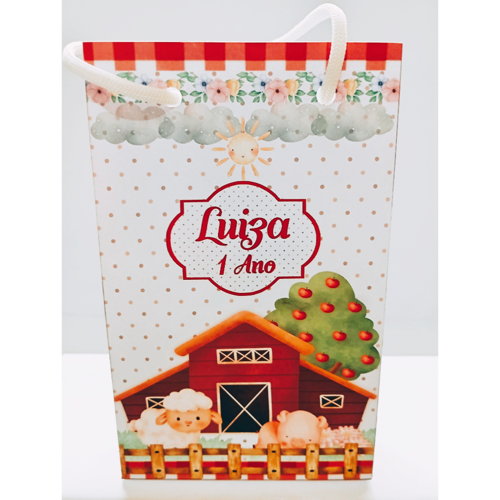 Sacolinha Personalizada Fazendinha Vermelha para Lembrancinha Festa Infantil Sacola Surpresa taman PP (15,6x9,3x4,3cm).