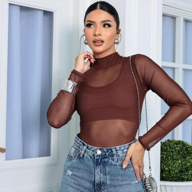 Blusa Tule Feminina Transparente Gola Simulada sem Sutiã Manga Longa Look Perfeito