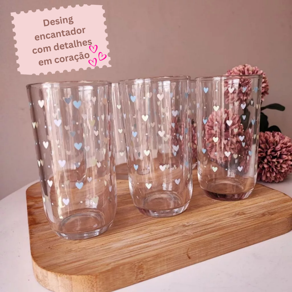 Conjunto 6 Copos de Vidro Coração 240ml | Copos Decorados para Água, Suco e Refrigerante