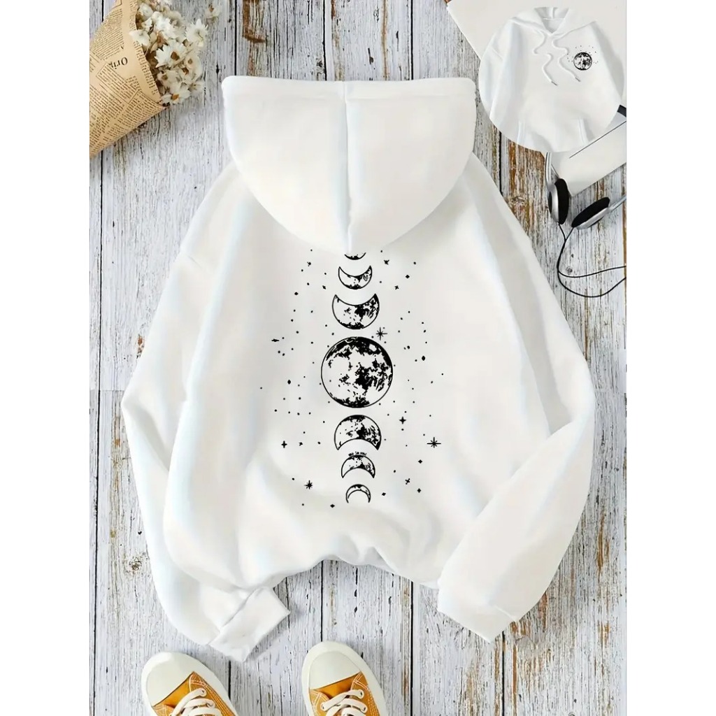 Moletom Feminino Oversized Canguru com Capuz Estampa Lua Blusa de Frio Inverno Larguinho Confortável