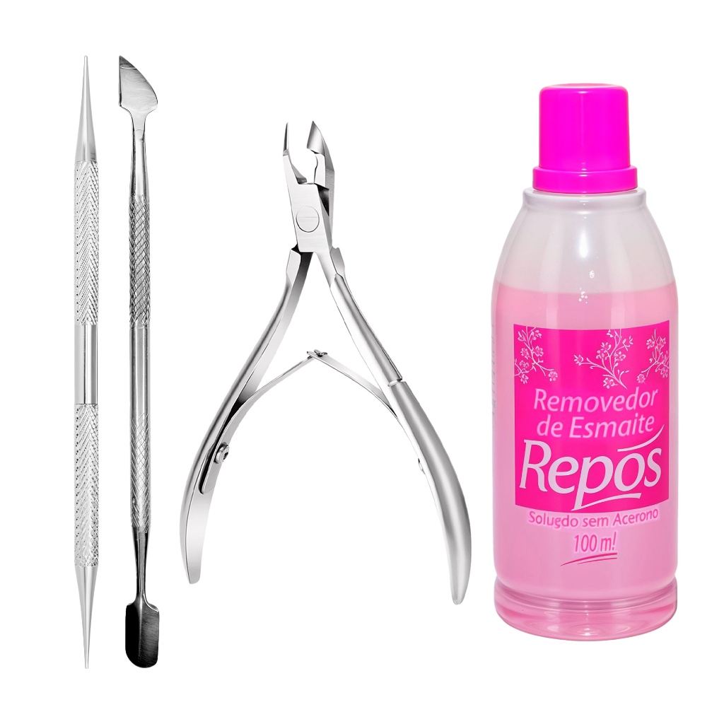 Kit Removedor De Esmaltes Acetona 100ml Alicate De Cutícula Inoxidável Espátula Palito Bella Inox