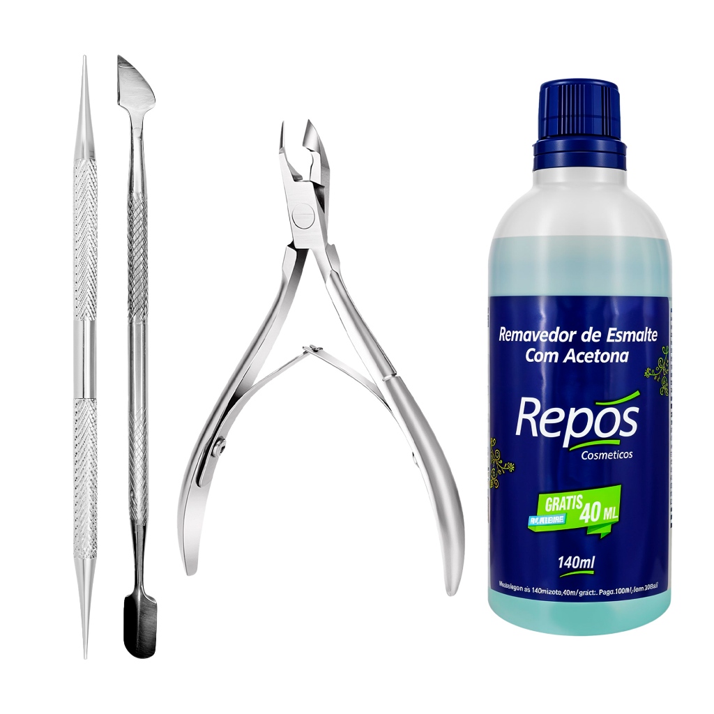 Kit Removedor De Esmaltes Com Acetona 100ml Alicate De Cutícula Profissional Espátula Palito Inox