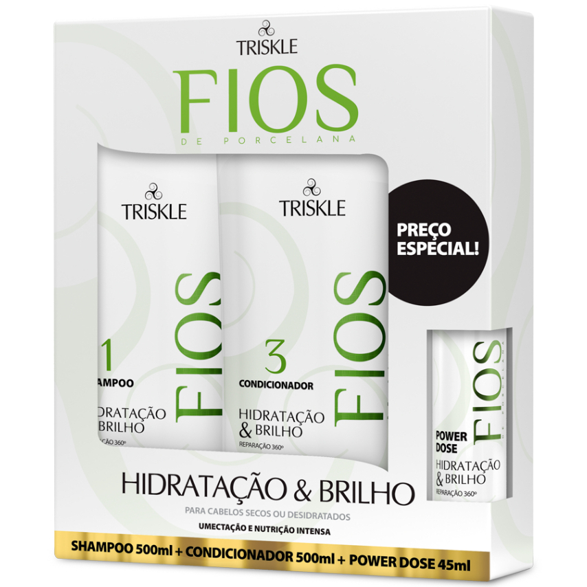 Kit Triskle Fios Porcelana Hidratação Brilho Shampoo 500ml Condicionador 500ml Megadose 45ml em Oferta na Shopee