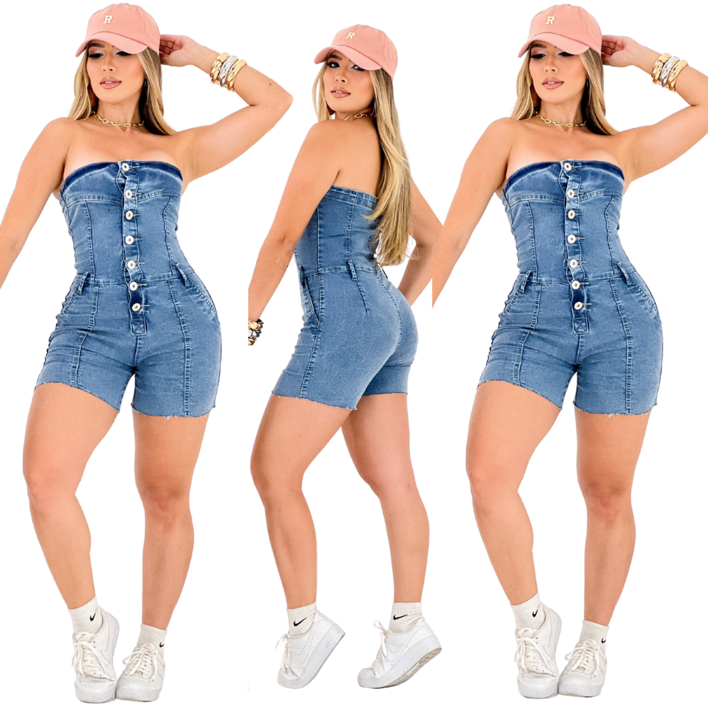 Macaquinho Jeans Shorts Curto Feminino Com Elastano Ziper e Botão Modinha Blogueira Empina Bumbum Jardineira