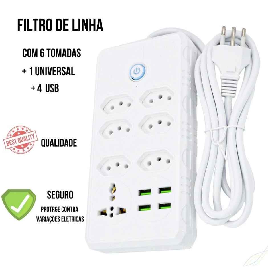 Extensão Elétrica 7 Tomadas Bivolt Universal C/ 4 Usb Cabo 2m -a Régua Filtro de Linha 10A