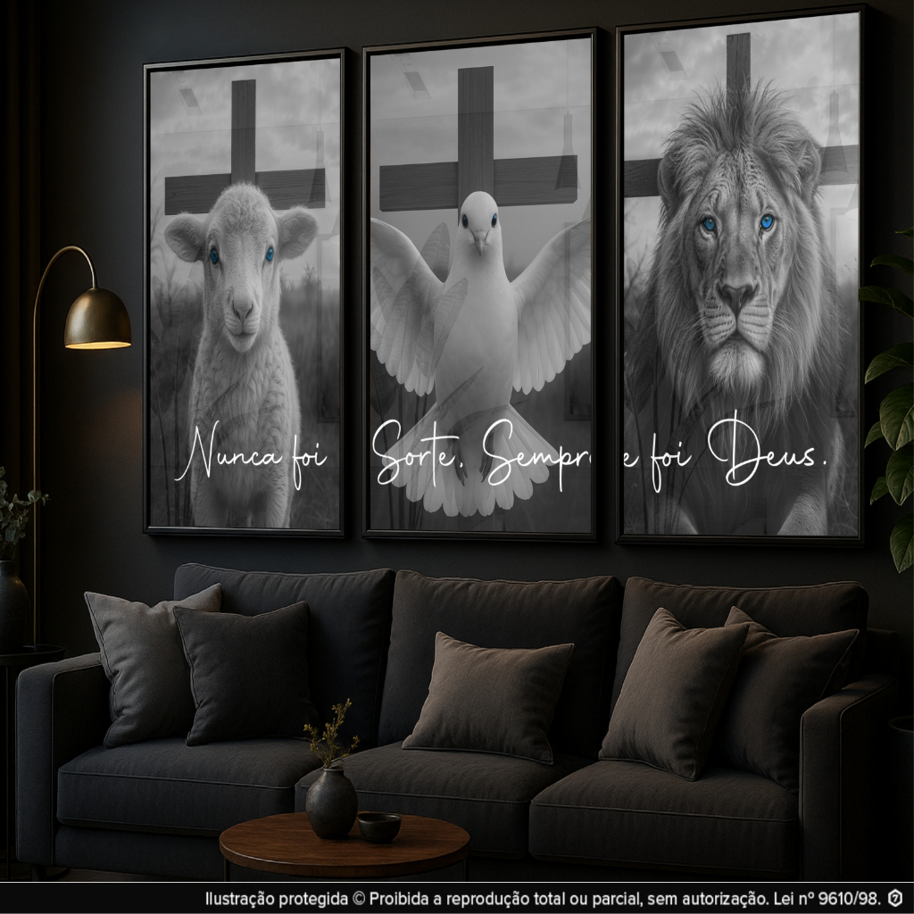 Quadro Decorativo Mosaico 3 Peças Espirito Santo Religioso Leão Nunca foi Sorte Sempre foi Deus Decoração Sala Quarto