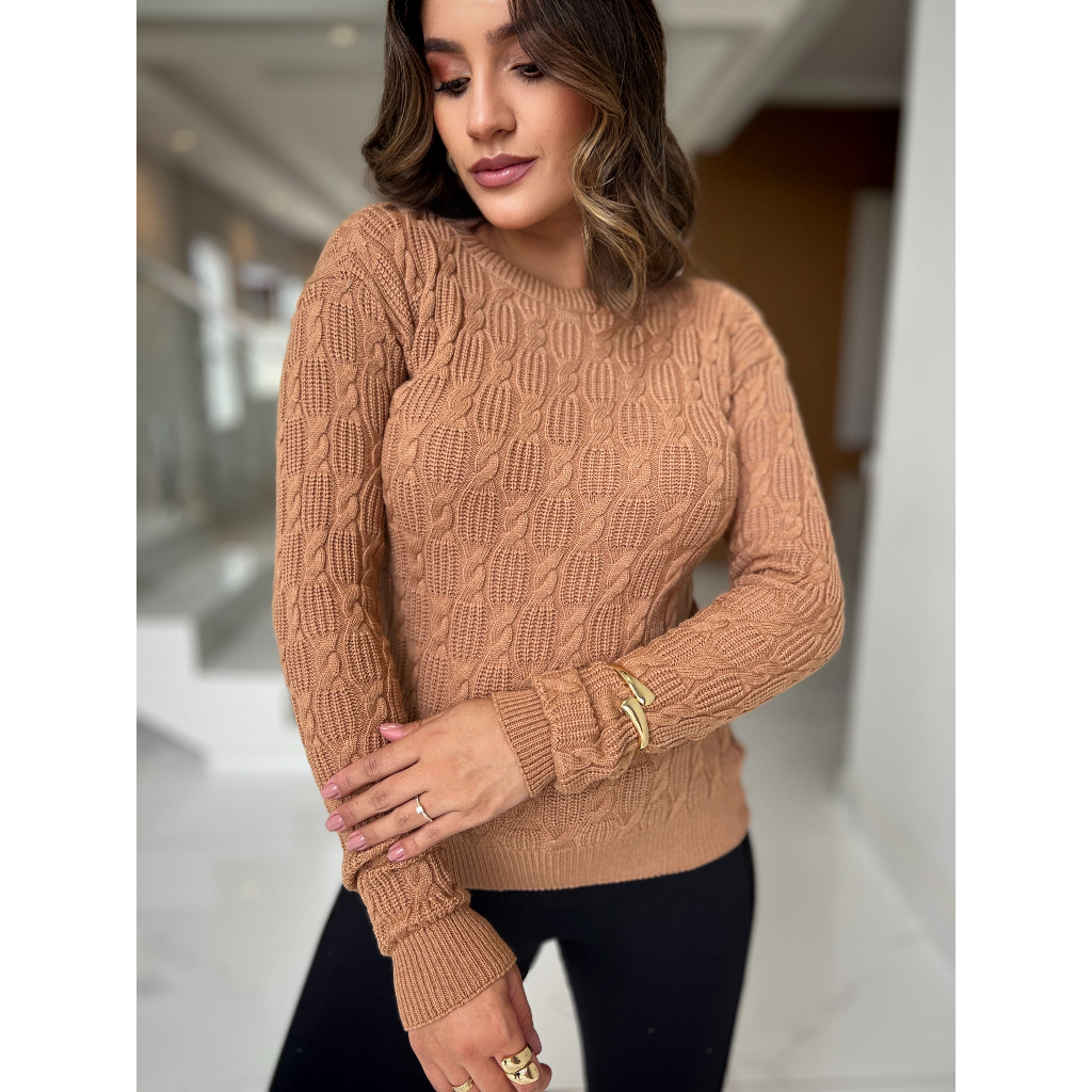 Blusa de Frio Feminina Tricot Fang Modal Trançada Gola Redonda Manga Longa Moda Outono/Inverno
