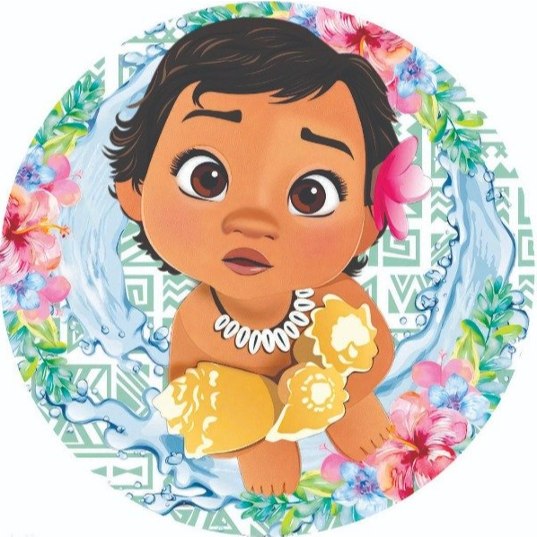 PAINEL DE FESTA DO TEMA MOANA BABY, MOANA ADULTA, MOANA ADULTA 2 REDONDO SUBLIMADO NO TECIDO COM ACABAMENTO NO ELASTICO.