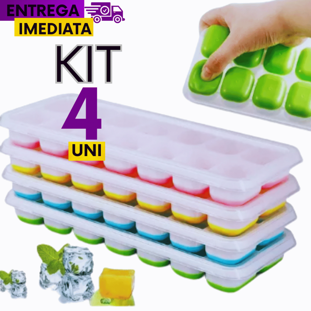 KIT Jogo Formas de Gelo Silicone com Tampa Cubos de Gelo Molde Para Cubos de Gelo Praticidade Garantida Resistência