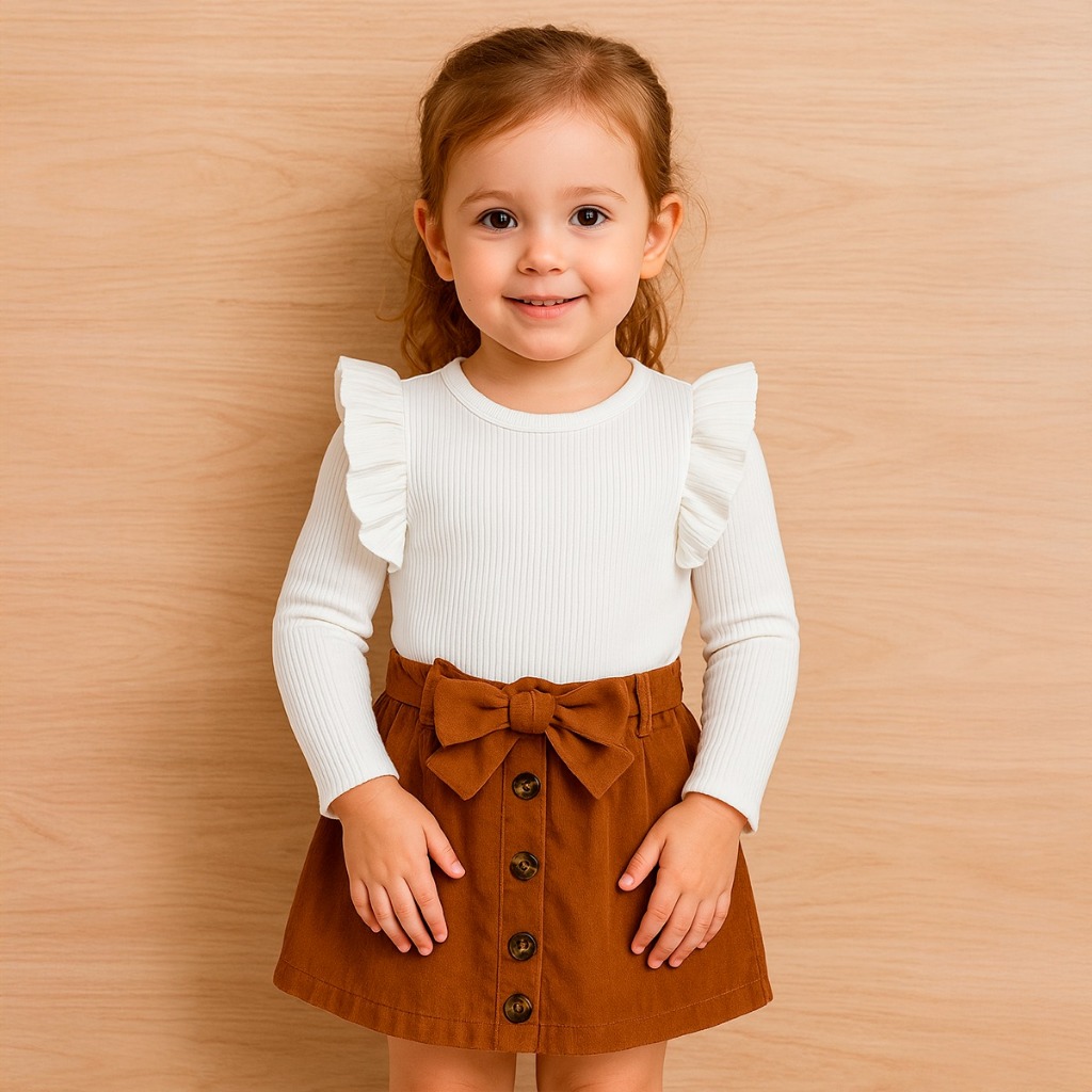 Roupa de Menina com Laço Camiseta Branca com Babado - Saia de Camurça Infantil Roupa para Menina