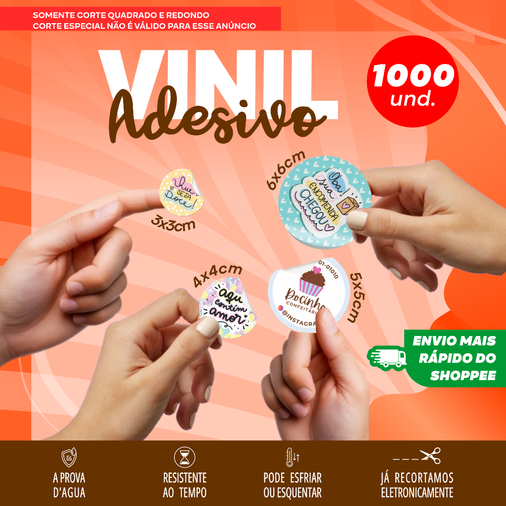 1000 Adesivos, etiquetas e rótulos 3x3, 4x4x 5x5 ou 6x6 em Vinil a aprova dágua em Oferta na Shopee