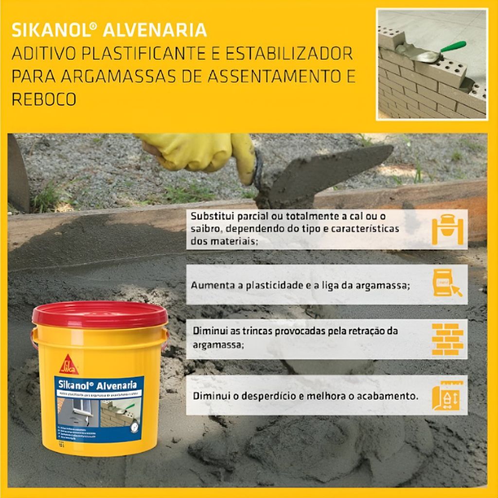 Sikanol® Alvenaria - Balde 18L - Aditivo Plastificante e Estabilizador para Argamassas - SIKA · foto 2