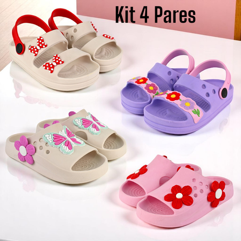 Kit 4 Pares Sandália, Papete, Chinelo Infantil para Meninas