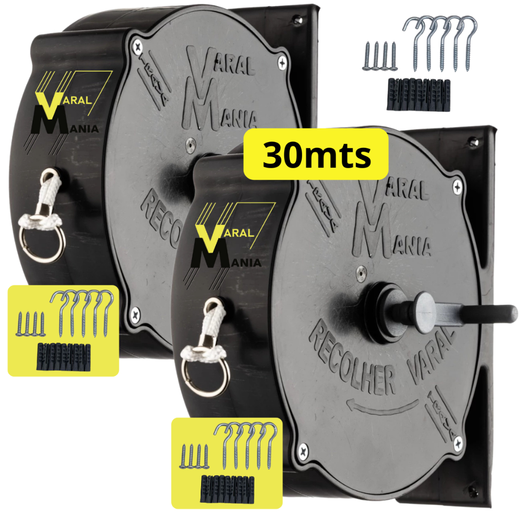 Kit 2 Varais Recolhíveis Parede 30m Preto Resistente Ao Tempo + 2 Kit Instalar em Oferta na Shopee