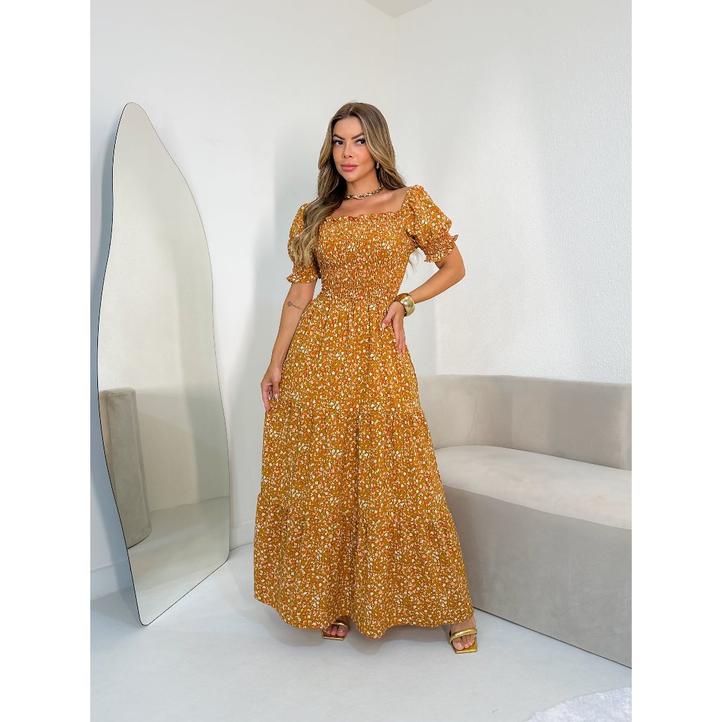 Vestido Longo/Lastex/Manga Bufante/florzinha/Moda Feminino REF:VL052 em Oferta na Shopee