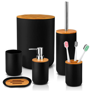 Kit Banheiro Lavabo Conjunto Acessórios lixeira escova 6 Peças Bambu Luxo Preto/Branco