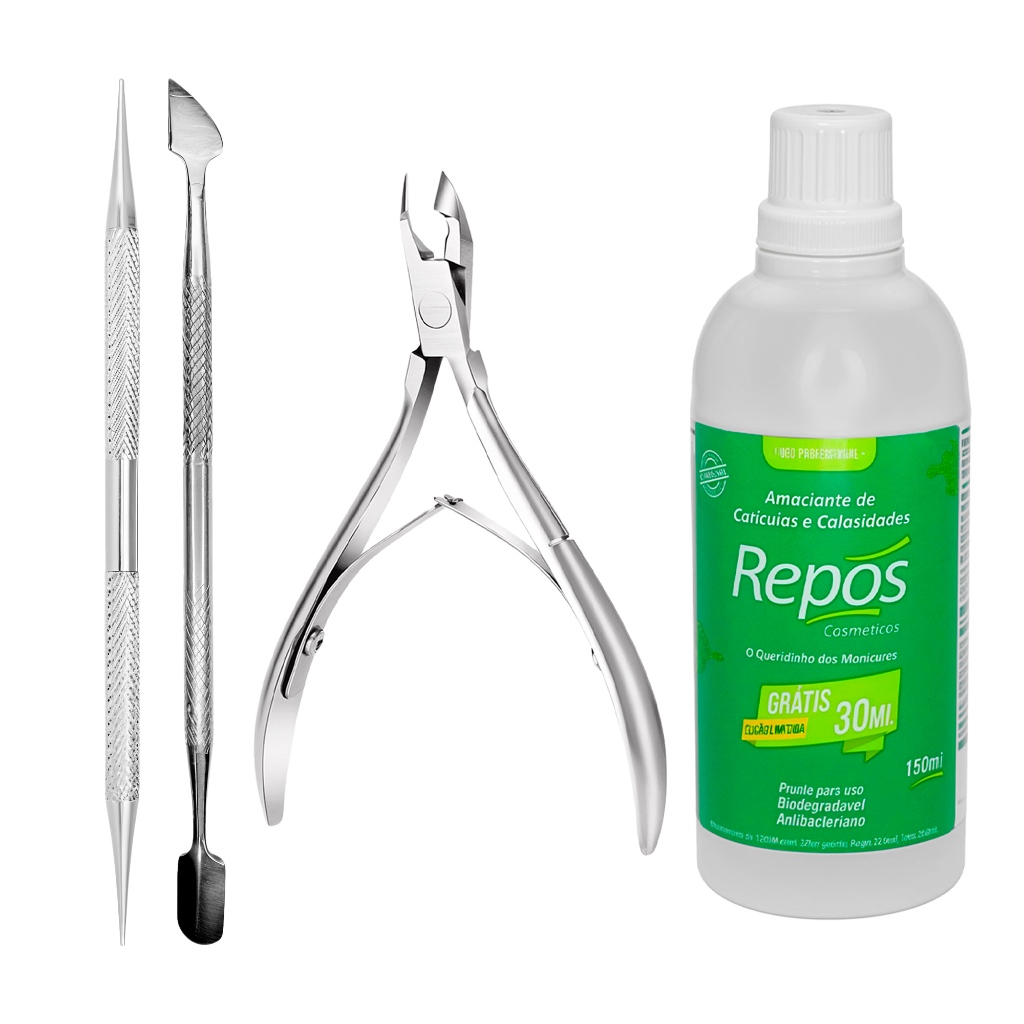 Kit Manicure Amaciante De Cutícula E Calosidade 100ml + Alicate Palito E Espátula Dupla Inox Repos