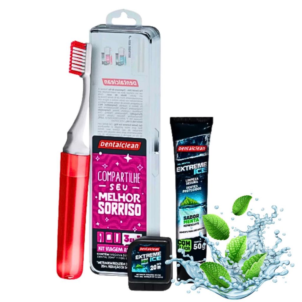 Kit Viagem Economico Escova de Dente Gel Dental Fio Dental Extreme Ice Estojo Saúde Bucal Menta Ext