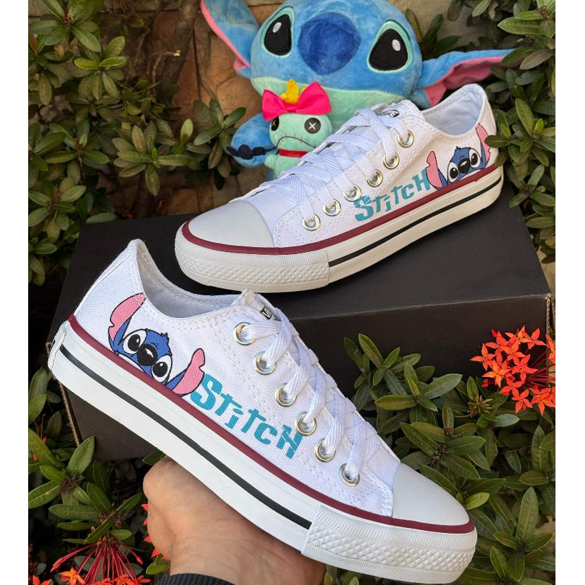 Tênis Feminino Tradicional Stich Casual Preto Branco Tênis Personagem All Cano Baixo Envio Imediato
