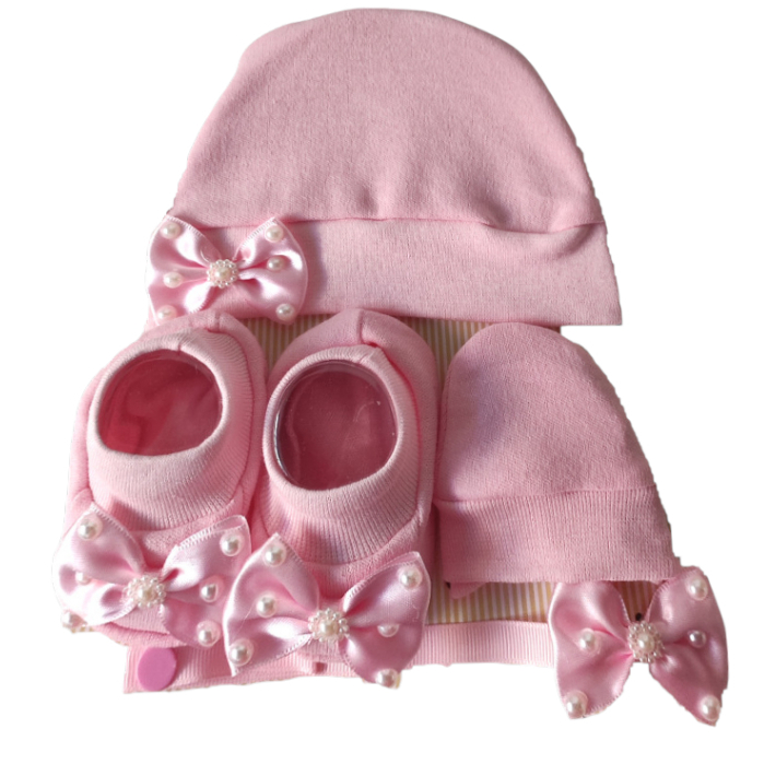 kit Bebe Touca Luva Sapatinho + Prendedor De Chupeta Menina Recém Nascido Laço em Oferta na Shopee