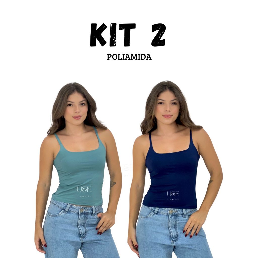 Kit 2 Regata Alça Fina em Poliamida Blusa com Forro Camiseta Decote Quadrado