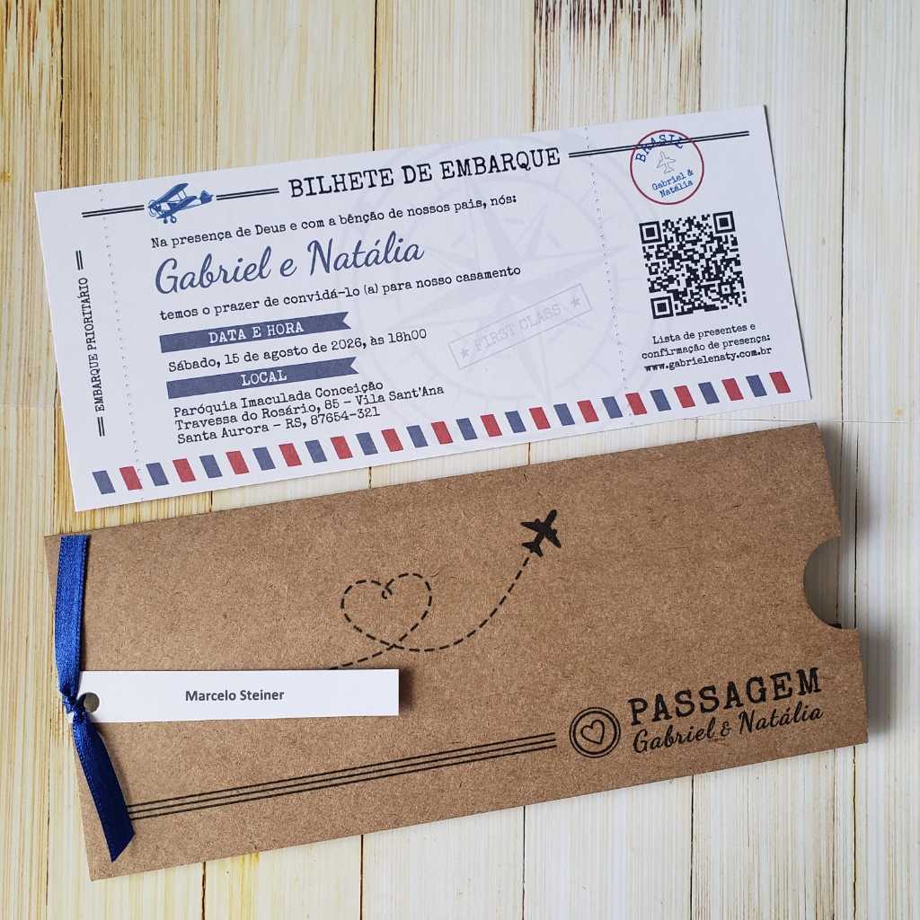 Convites de Casamento ou Noivado | Passagem Aérea | Kraft | Rústico