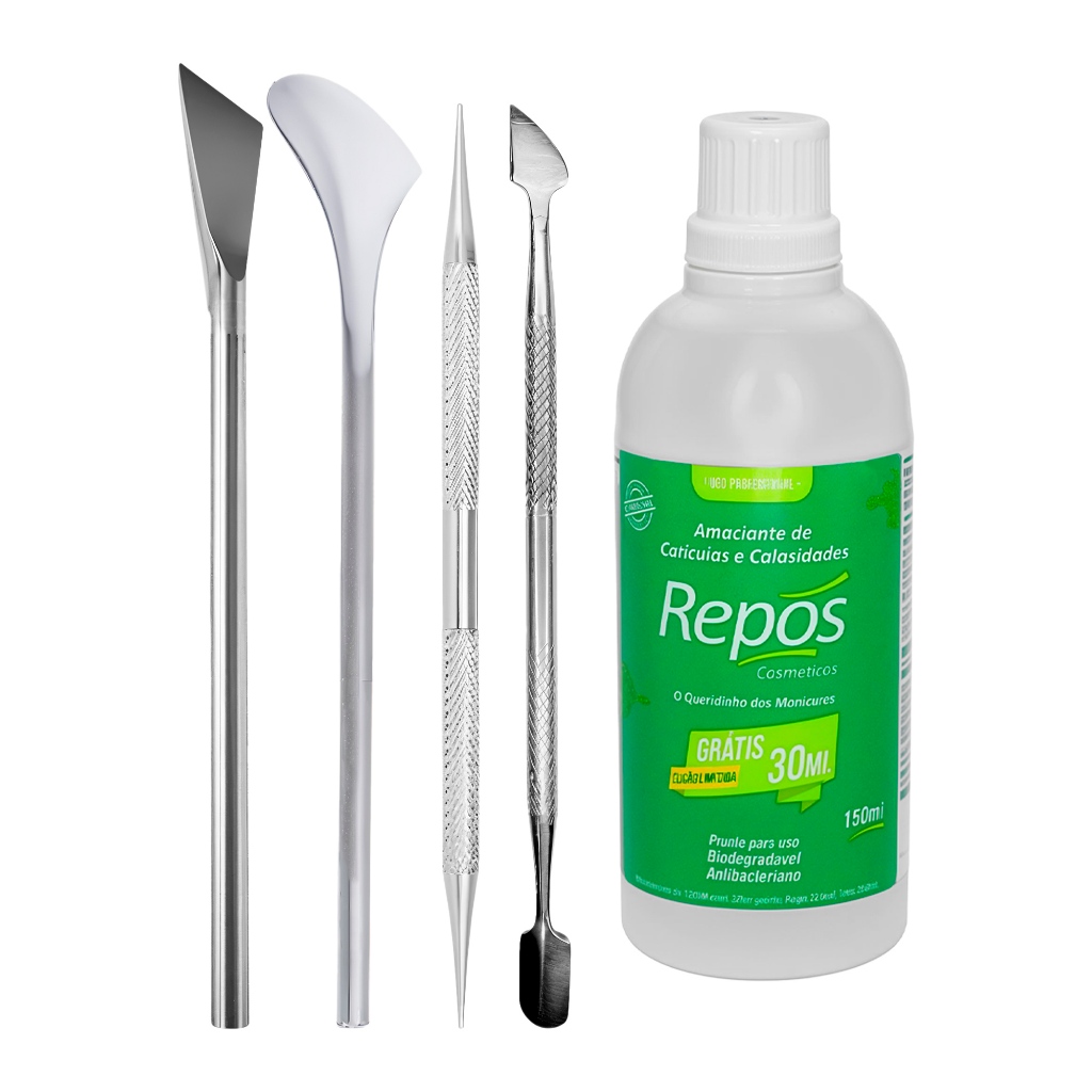 Kit Amaciante De Cutículas E Calosidades 100ml Podologia Raspador 222/484 Espátula Palito Inox Repôs