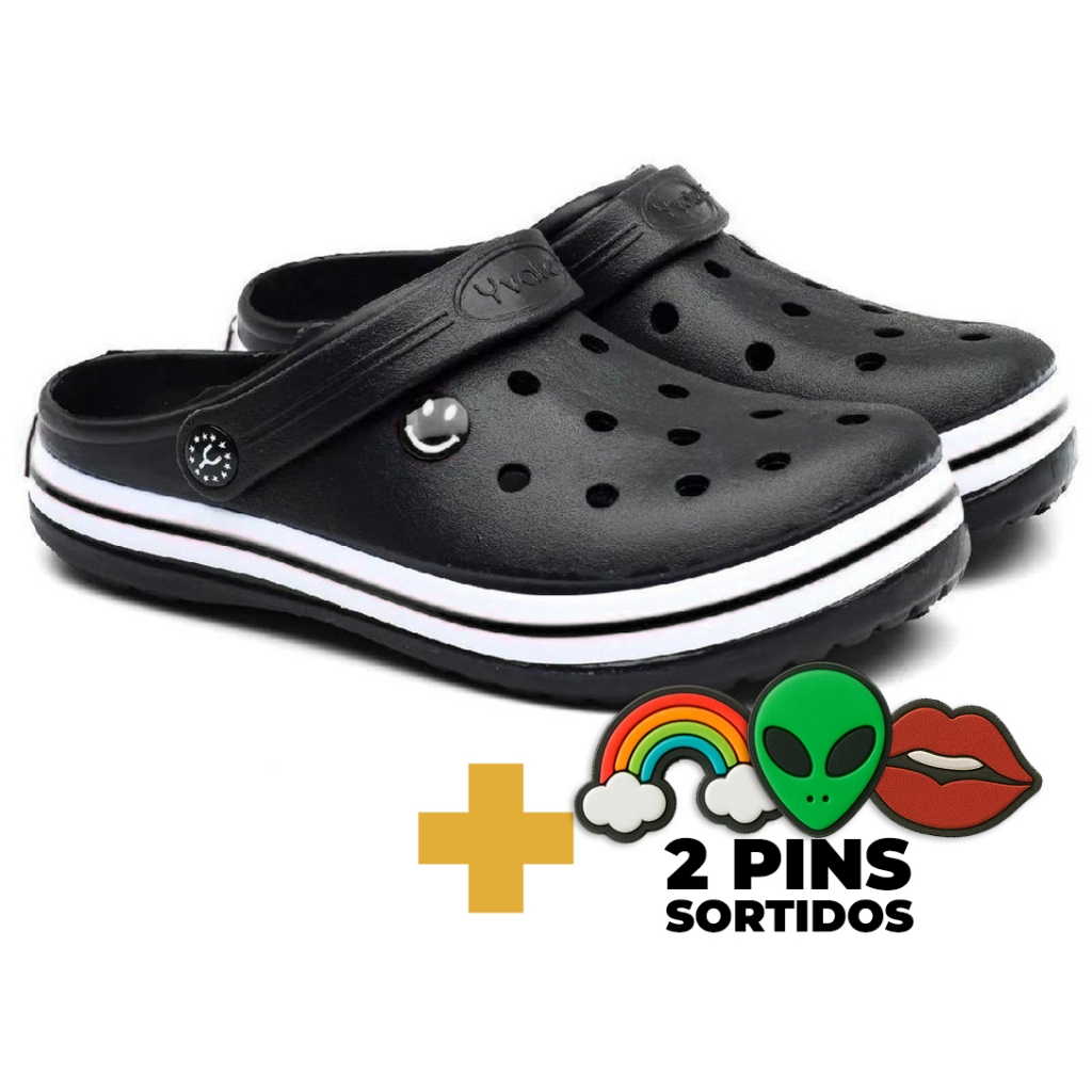 Chinelo Babuche Yvate Preto Unissex - Super Leve com 2 Pins Sortidos em Oferta na Shopee