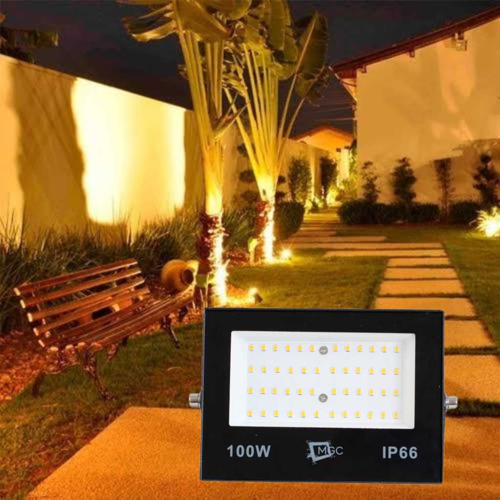 Refletor Luz amarela 100w 50w 20w Branco Quente para jardim fachada resistente a sol e chuva em Oferta na Shopee