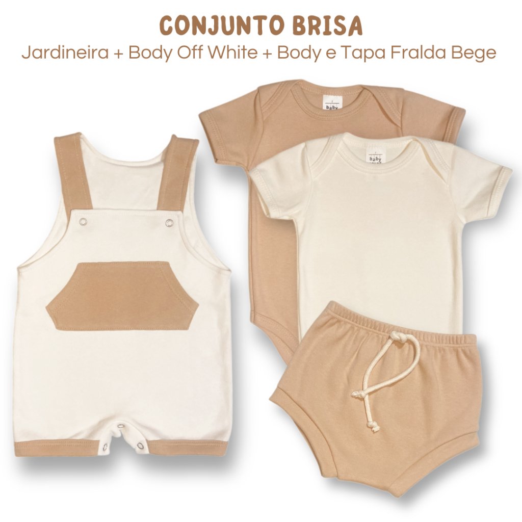 KIT Body Bebê Brisa com 4 Peças Suedine 100% Algodão Enxoval Jardineira, Tapa Fralda, Body Bebe