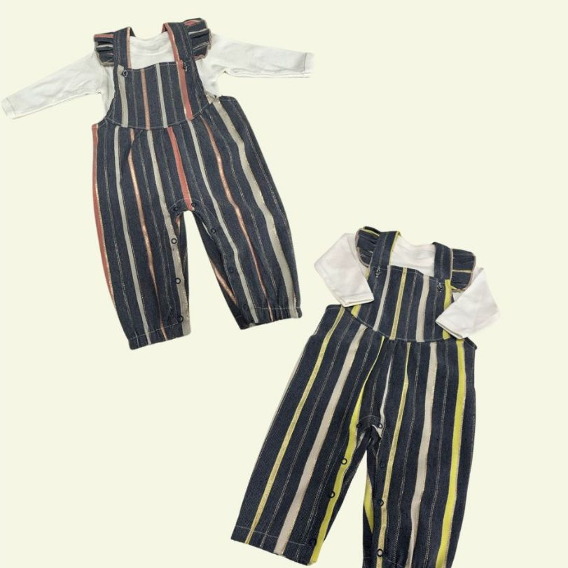Roupa Infantil Bebê Menina Kit Conjunto 2 peças Body Mang Comprid Jardineira Listrada Brilho Babado