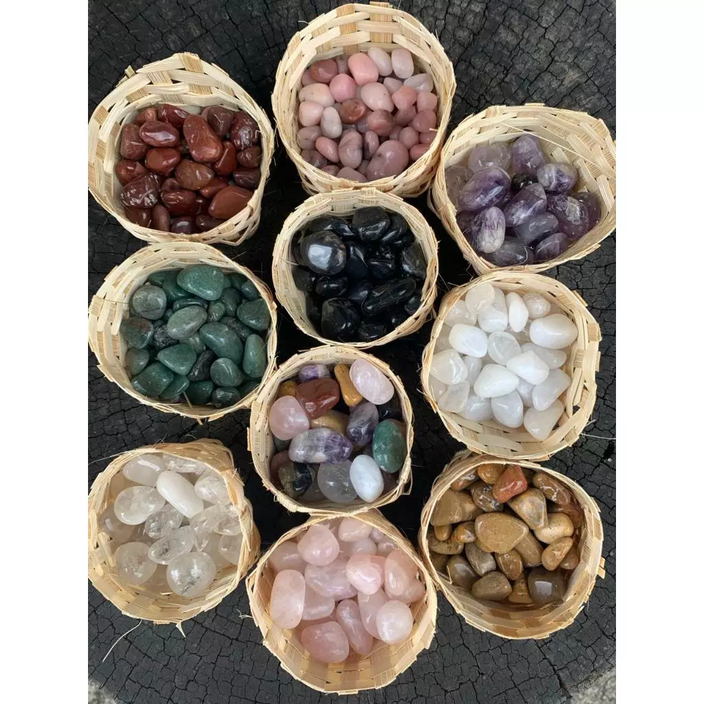 Mini Cesto de Pedrinhas Roladas 2cm–Ametista, Quartzo(Rosa,Verde,Leitoso), Jaspe(Vermelho, Amarelo)