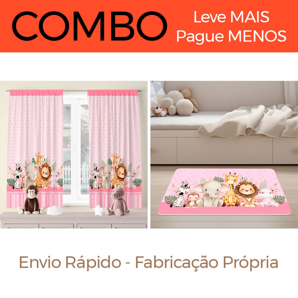 COMBO DECORATIVO INFANTIL 04 - Cortina 200x136CM + Tapete 60x34CM Safari Rosas