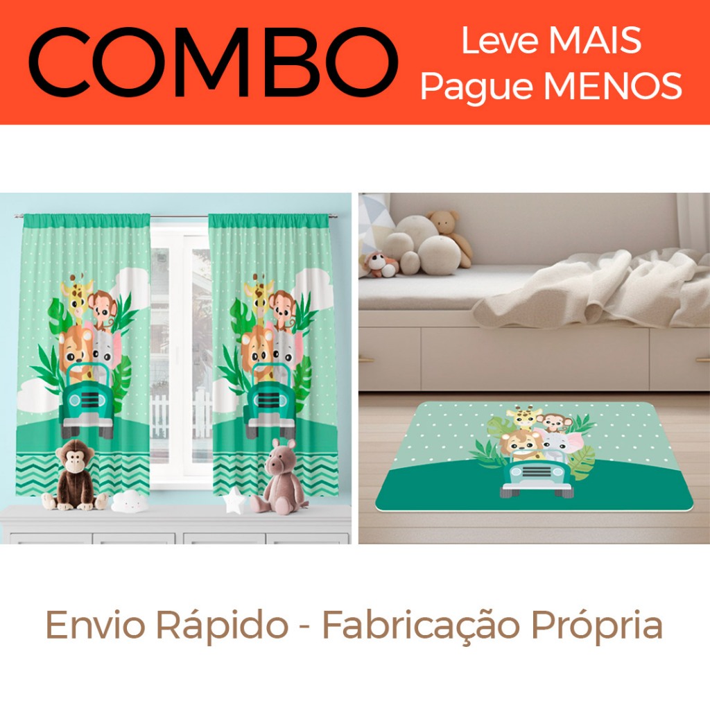 COMBO DECORATIVO INFANTIL - Cortina 200x136CM + Tapete 60x34 CM Safari Menino Fabricação Própria