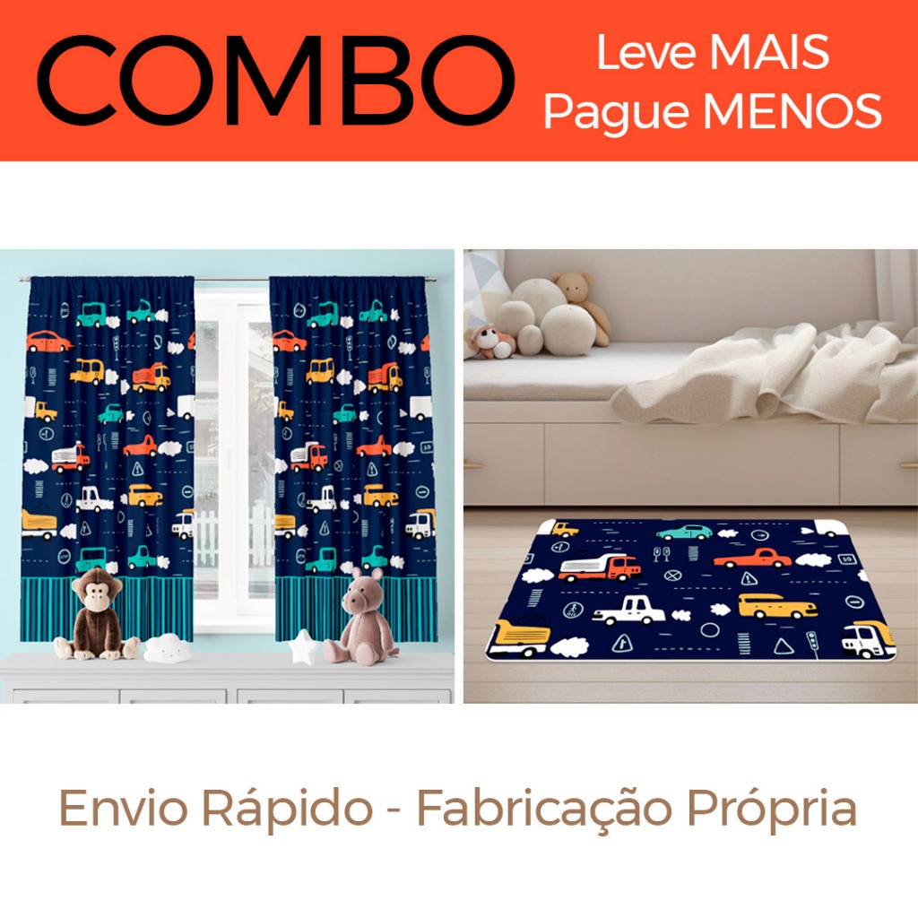 COMBO DECORATIVO INFANTIL 03 - Cortina 200x136CM + Tapete 60x34CM Carrinhos