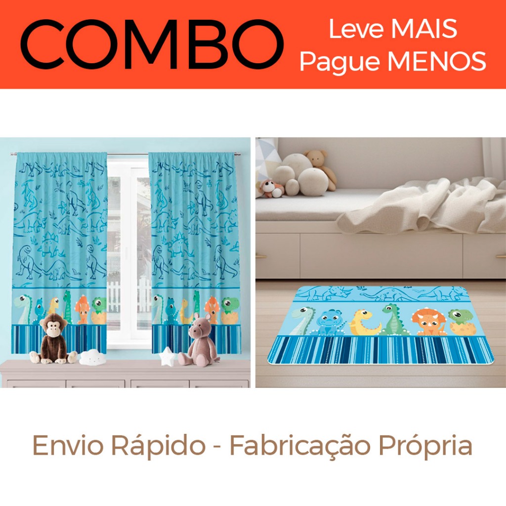 COMBOS - Cortina Decorativa 200x136cm + Tapete Infantil Avulso 60x34cm - Dinossauro