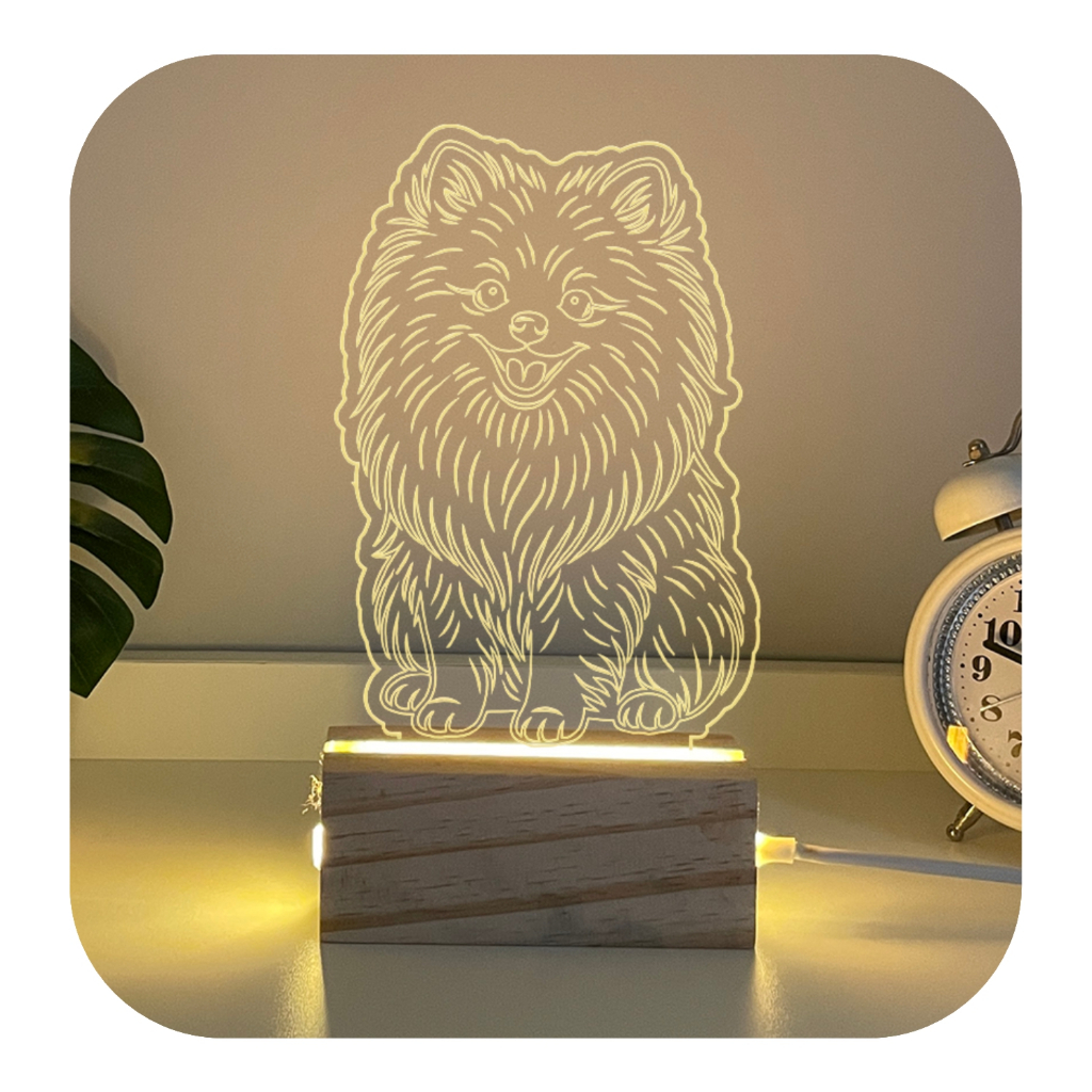 Luminária de Mesa Cachorro Spitz alemão Em Madeira Luz Acrílico Luxo Quarto Decorativo