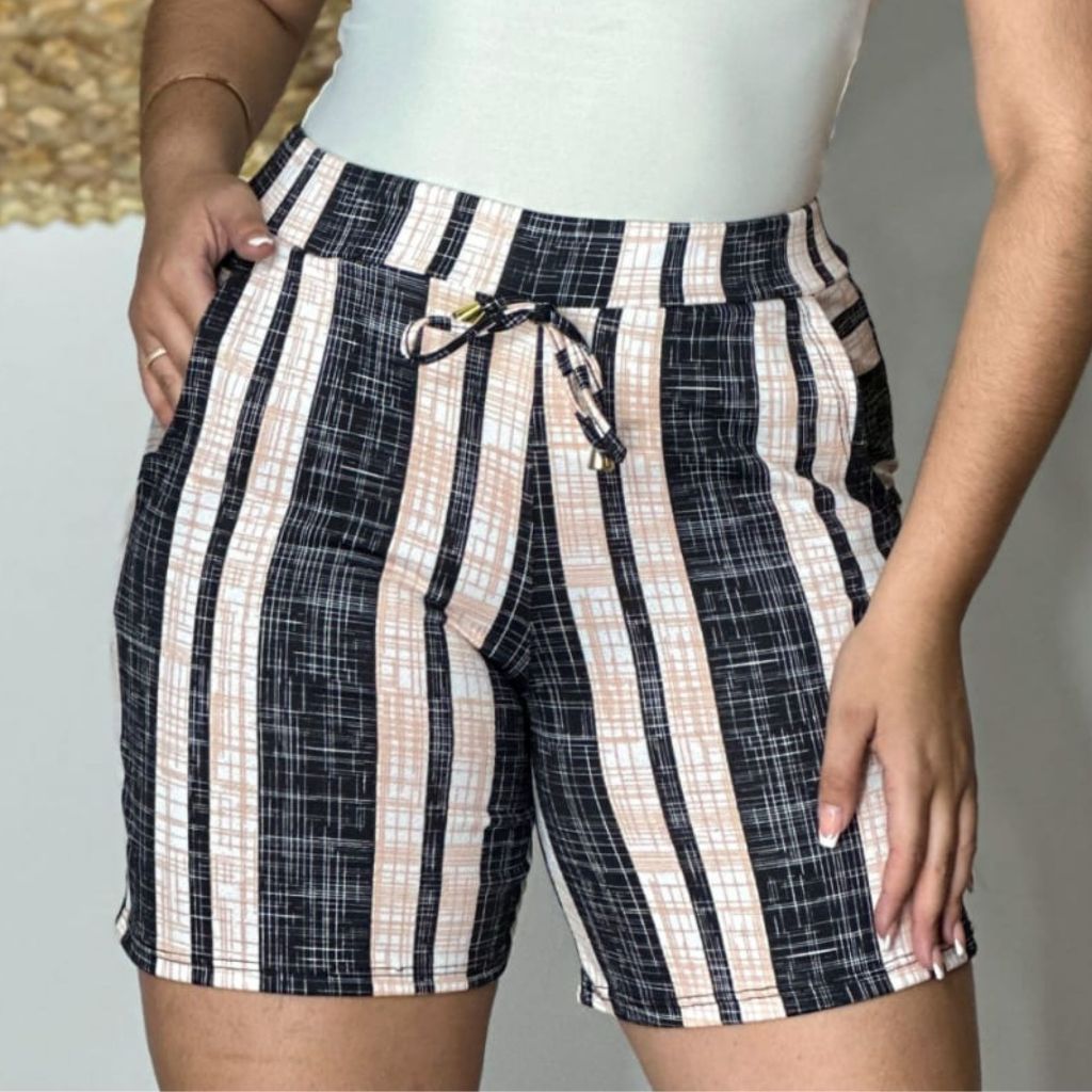 Shorts crepe feminino algodão com bolsos luxo em Oferta na Shopee