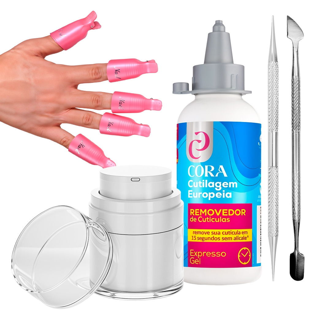 Kit Cora Removedor De Cutícula Gel Dedal Frasco Pump Espátula Dupla Palito Aço Inox Unhas